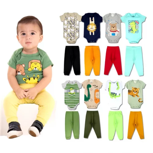 Kit 10 Peças de Roupas para Bebê Menino (5 Body Curto + 5 Calça Mijão)Kit 5 Body Roupa Infantil Bebê