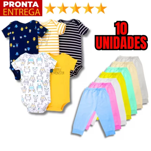 Kit 10 Peças Roupinha de Bebê Body Curto Estampado e Mijão Infantil