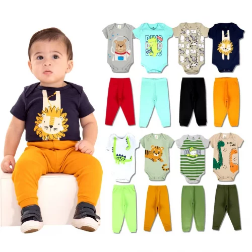 Kit 12 Peças de Roupas para Bebê Menino (6 Body Curto + 6 Calça Mijão)Kit 6 Body Roupa Infantil Bebê