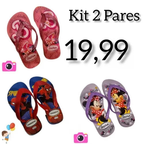 Kit 2 Chinelos Infantil Personagem Verão 2 Pares
