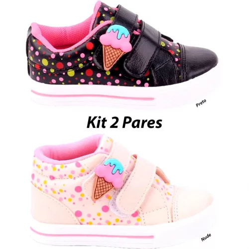 Kit 2 pares Tênis Infantil Feminino Sorvetinho Meninas - PRETO/NUDE