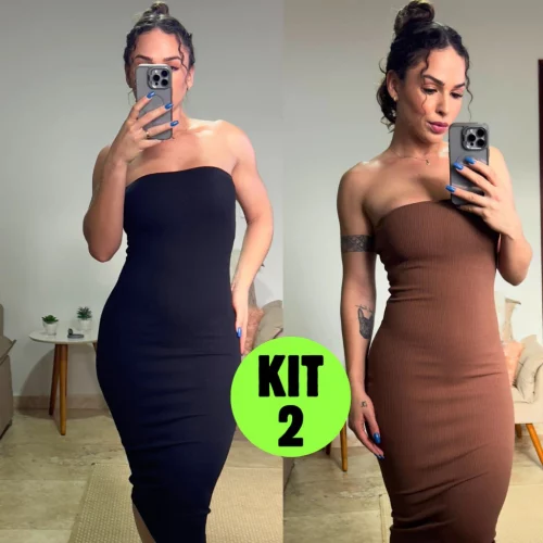 Kit 2 Vestidos Midi Canelado Confortável Macio Moda Anarruga Ousado