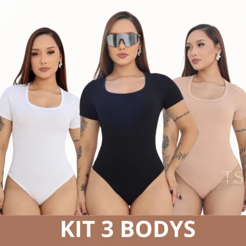 KIT 3 Body Manguinha Feminino Manga Curta Canelado Atoalhado