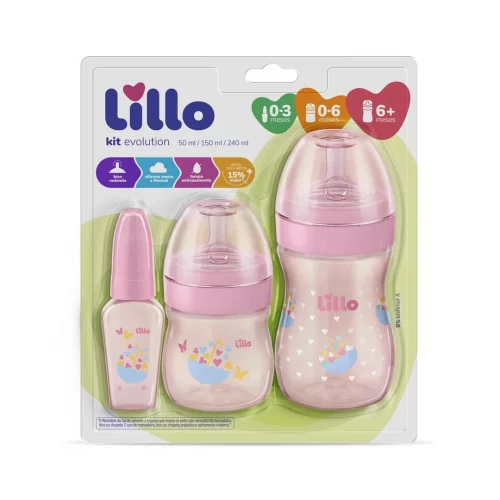 Kit 3 Mamadeira Lillo Evolution Primeirospassos 50/150/240ml Rosa