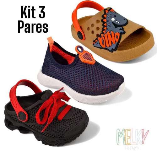 Kit 3 Pares Sandália Infantil Menino e Tênis Escolar Kids Confortável