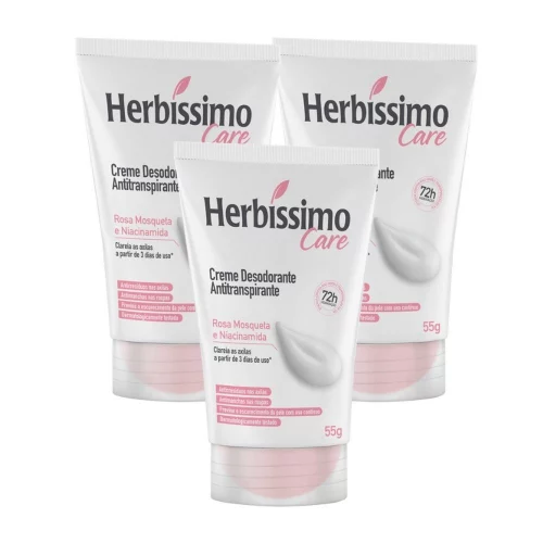 Kit 3 unid - Creme Desodorante Antitranspirante Herbíssimo Rosa Mosqueta e Niacinamida Bisnaga 55g