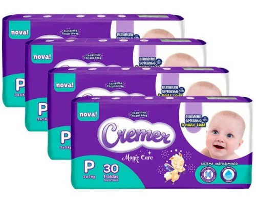 Kit 4 Fralda Cremer Magic Care Tamanho P Pacote Jumbo 30 Unidades Descartáveis cada