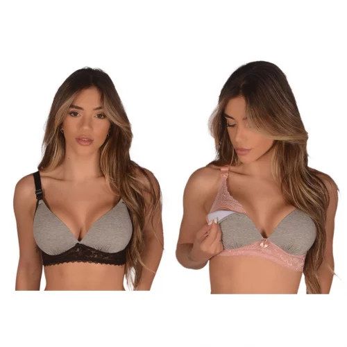 Kit c/ 2 Sutiãs de Amamentação com Bojo Soft e Renda Tamanhos 38 ao 54 Confortável Reforçado Feminino Gestante Soutien Plus Size Pós Parto Maternidade Sustentação para Amamentar Adulto Rendado Rendinha Algodão Top Sutian Seios Grandes
