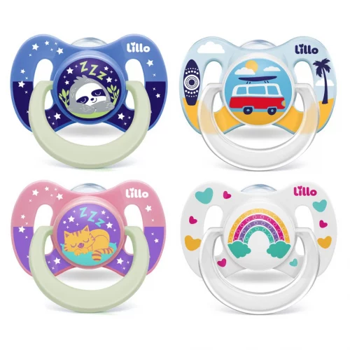 Kit Chupetas Ortodônticas Lillo Funny Bico Silicone +6 Meses Dia e Noite Brilha no Escuro 2 Unidades