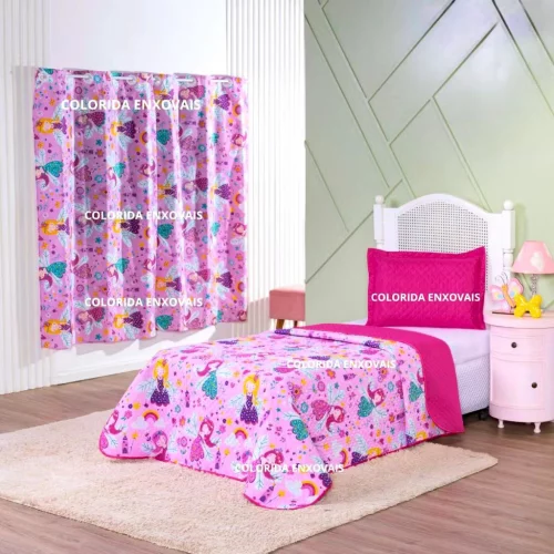 Kit Cobre Leito Solteiro + Cortina 2,00x1,40 Decoração Infantil Quarto