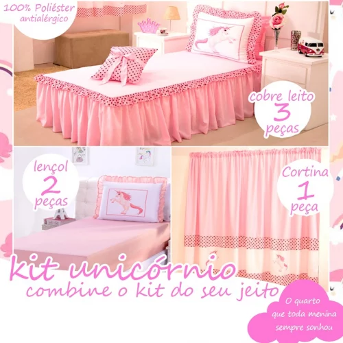 KIT Colcha Cobre Leito Unicórnio / Jogo de Lençol / Cortina Menina Solteiro 01 ou 02 e 03 Peças