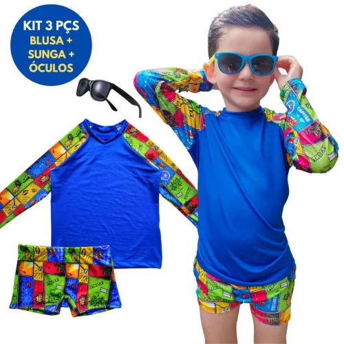 Kit Conjunto Blusa Manga Longa + Sunga + Óculos Praia Piscina Menino