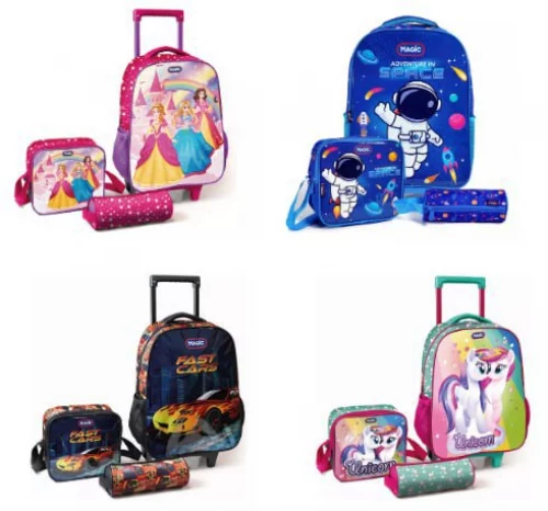 Kit De Mochila Escolar Magic Kids Mochila De Rodinhas Com Estojo E Lancheira Espaço Com Design