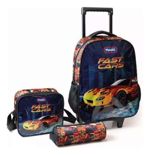 *Kit De Mochila Escolar Magic Kids Mochila De Rodinhas Com Estojo E Lancheira Fast Cars*