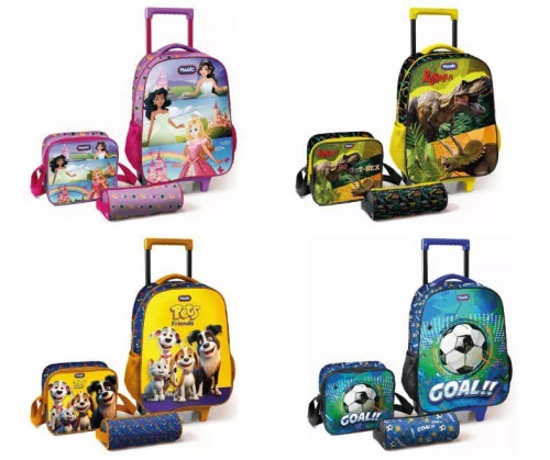 Kit De Mochila Escolar Magic Kids Mochila De Rodinhas Com Estojo E Lancheira. Vários Temas