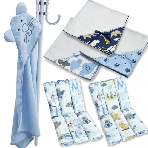Kit Enxoval Bebê 15 Peças Toalha de Banho Bebê Bordada + 11 Fraldinhas + 3 Manta Fralda 100% Algodão