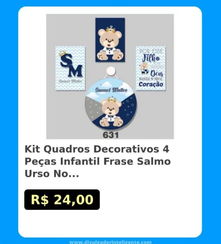 🛍Kit Quadros Decorativos 4 Peças Infantil Frase Salmo Urso Nome Personalizad...