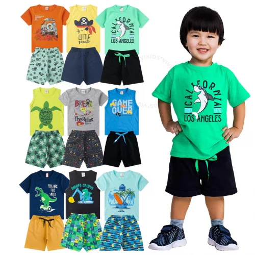 Kit Sortido 10 Peças de Roupas Infantil Bebê Menino Kit 5 Conjuntos Bebê (5 Camisetas + 5 Bermudas)