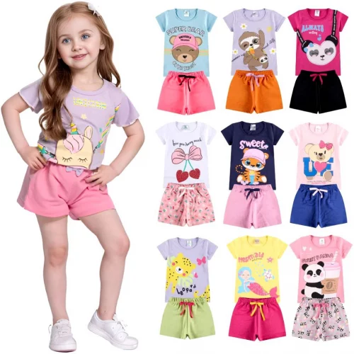 Kit Sortido 10 Peças de Roupas Infantil Menina - 5 Camisetas + 5 Bermudas - Kit com 5 Conjuntos de Roupa Infantil Menina Verão Feminino Bebê