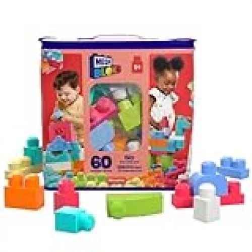 MEGA BLOKS, Sacola Vermelha com 60 Blocos de Montar Grandes e Coloridos, Conjunto de Brinquedo para Idades a partir de 1 ano