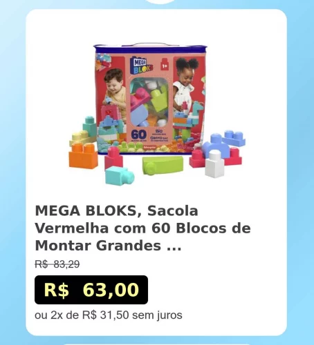🛍️MEGA BLOKS, Sacola Vermelha com 60 Blocos de Montar Grandes e Coloridos