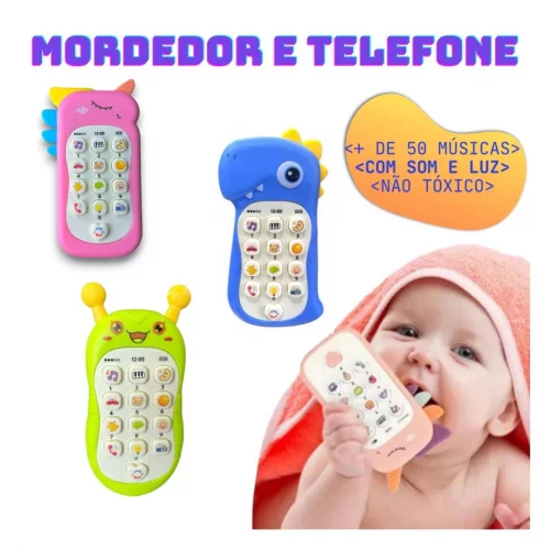 Mordedor e Telefone Celular Infantil Educativo Musical 2 em 1 brinquedo infantil para bebê