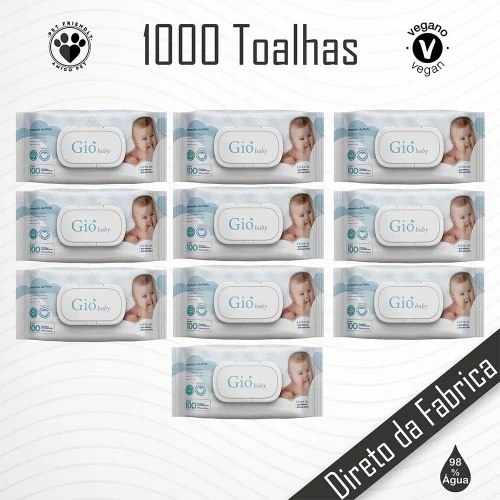 Toalhas Umedecidas para Bebê Gió Baby - 10 Pacotes de 100 Folhas Cada com Tampa Flip Top
