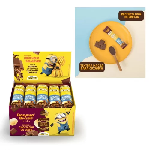 Banana Brasil Display Barra De Frutas Banana Kids Minions Sabor Cob. Choc. Ao Leite C/ 20 Unid. De 22G (440G)