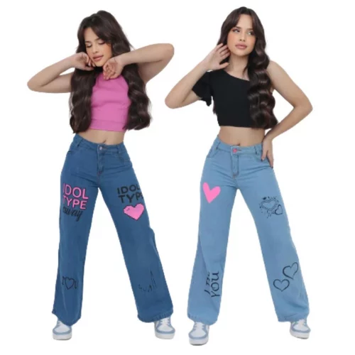 Calça jeans wide leg pantalona juvenil feminina infantil com desenho