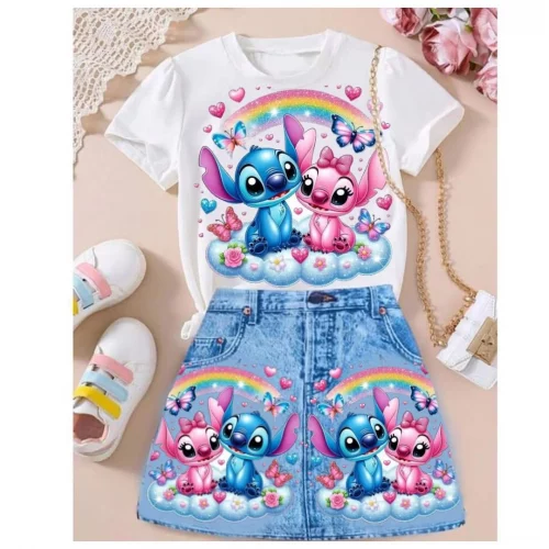 camiseta infantil saia malha estampa imita jeans conjunto menina tamanhos 2 ao 14