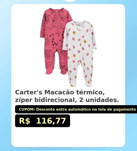 🛍️Carter's Macacão térmico, zíper bidirecional, 2 unidades.