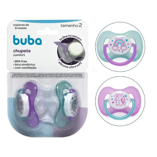 Chupeta Comfort Tam 2 Noturna, Kit Unicórnio - Buba