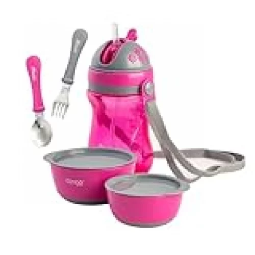 Clingo Kit Escolar Infantil 2 Tigelas com Tampa, Copo com Alça e Canudo, Colher e Garfo, Rosa