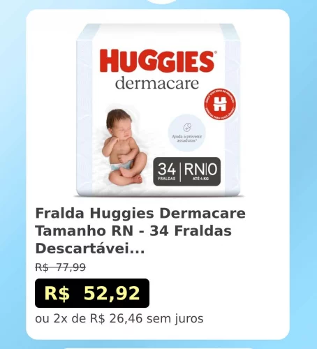 🛍️Fralda Huggies Dermacare Tamanho RN - 34 Fraldas Descartáveis com Tecnologia Avançada