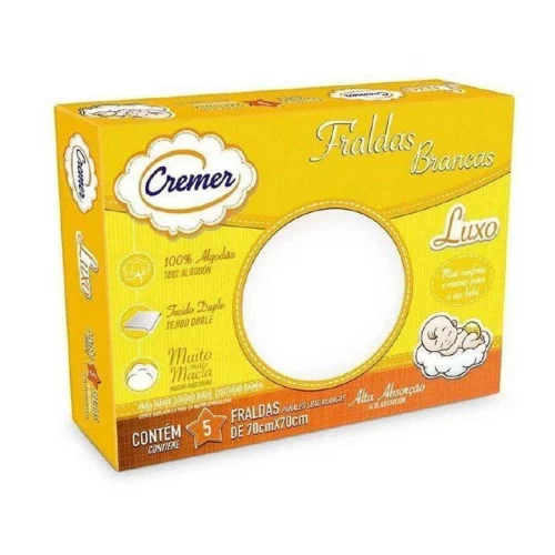 Fralda Luxo Branca 70 x 70 cm PC com 5 Unidades, Cremer (Embalagem pode variar)