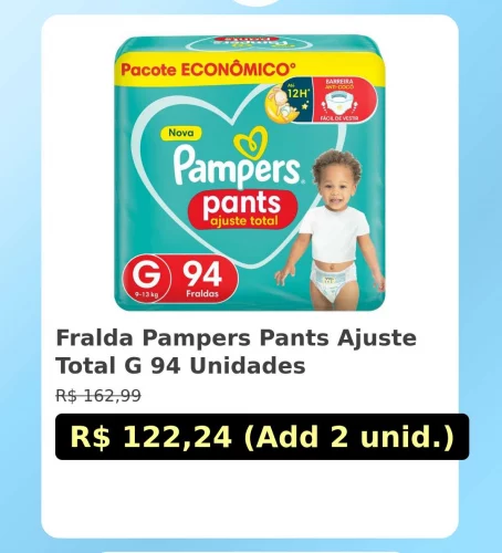 🛍️Fralda Pampers Pants Ajuste Total G 94 Unidades