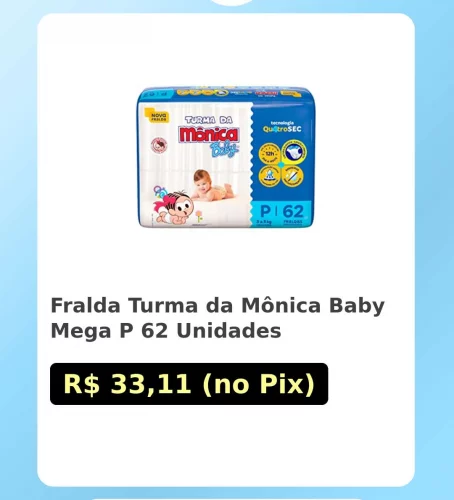 🛍️Fralda Turma da Mônica Baby Mega P 62 Unidades