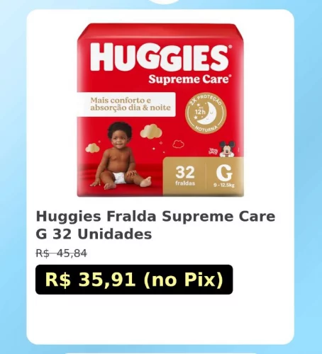 🛍️Huggies Fralda Supreme Care G 32 Unidades