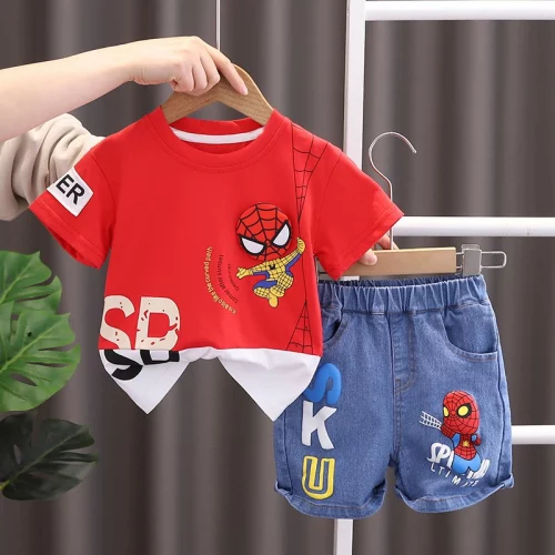 Kids Baby Boys Summer Clothes Sets Infant Cartoon Spiderman CottonT-shirt + Calção De Ganga 2Pcs Roupa De Criança