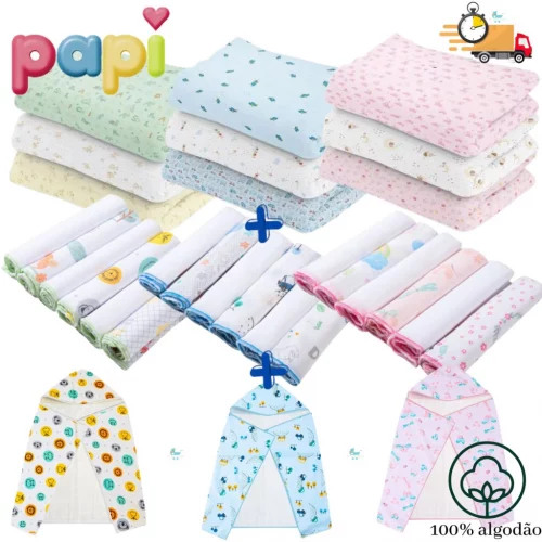Kit 10 Peças Coisas de bebê – 3 Cueiros Flanelados Estampados + 6 Pano de Boca + 1 Toalha de Banho.