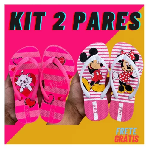 Kit 2 Pares Chinelo Sandália Feminino Infantil Menina Criança Slim Personagem Confortável Kids Macio Leve (25 ao 32)