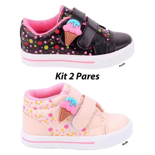 Kit 2 pares Tênis Infantil Feminino Sorvetinho Meninas - PRETO/NUDE