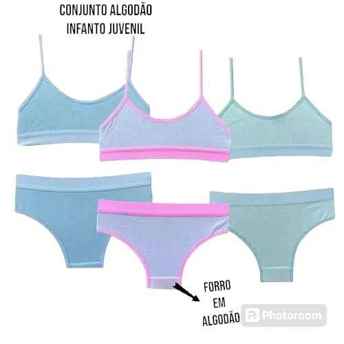 Kit 3 Conjuntos Sutiã e Calcinha Infantil Juvenil Com Forro 100% Algodão Lisas Confort