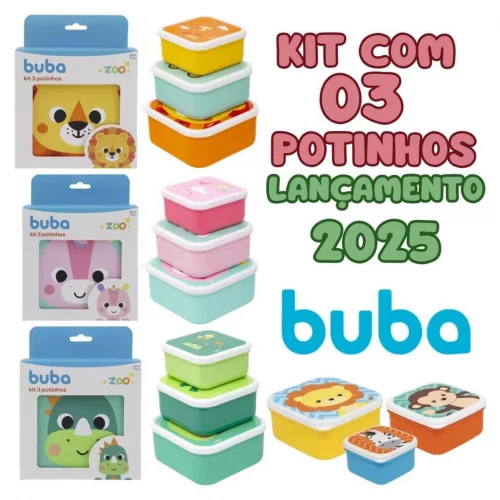 Kit 3 Potinhos Buba Pote Infantil Lancheira Kit Com 3 Potes Com Tampa Menino e Menina Animal Fun Zoo