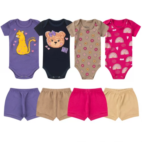 Kit 6 Peças para Bebês Kit 3 Conjuntos Body Manga Curta Estampados e Shorts para Bebê Menina 100% algodao