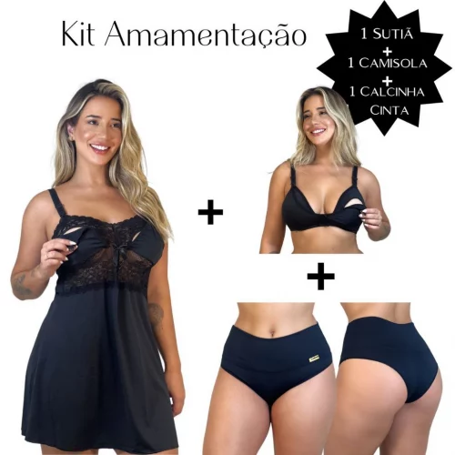 Kit Amamentação Camisola Sutiã e Calcinha Cós Compressão