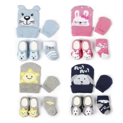 Kit Enxoval 4 peças  (Touca/Luva/Meia/Pantufa) - Fofurinha