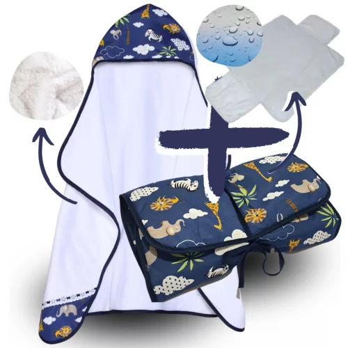 Kit Toalha de Banho para Bebe + Trocador Portatil Impermavel com 1 Bolso Tecido Estampado 100% Algodão
