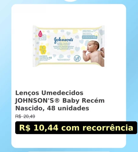 🛍️Lenços Umedecidos JOHNSON'S® Baby Recém Nascido, 48 unidades
