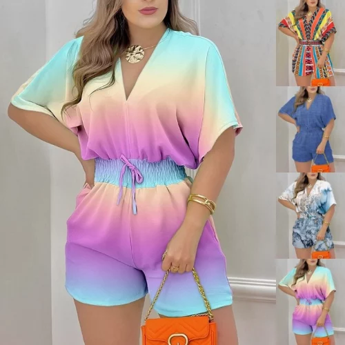 Macacão de verão feminino impresso terno casual solto com decote em v manga curta macacão de cintura elástica
